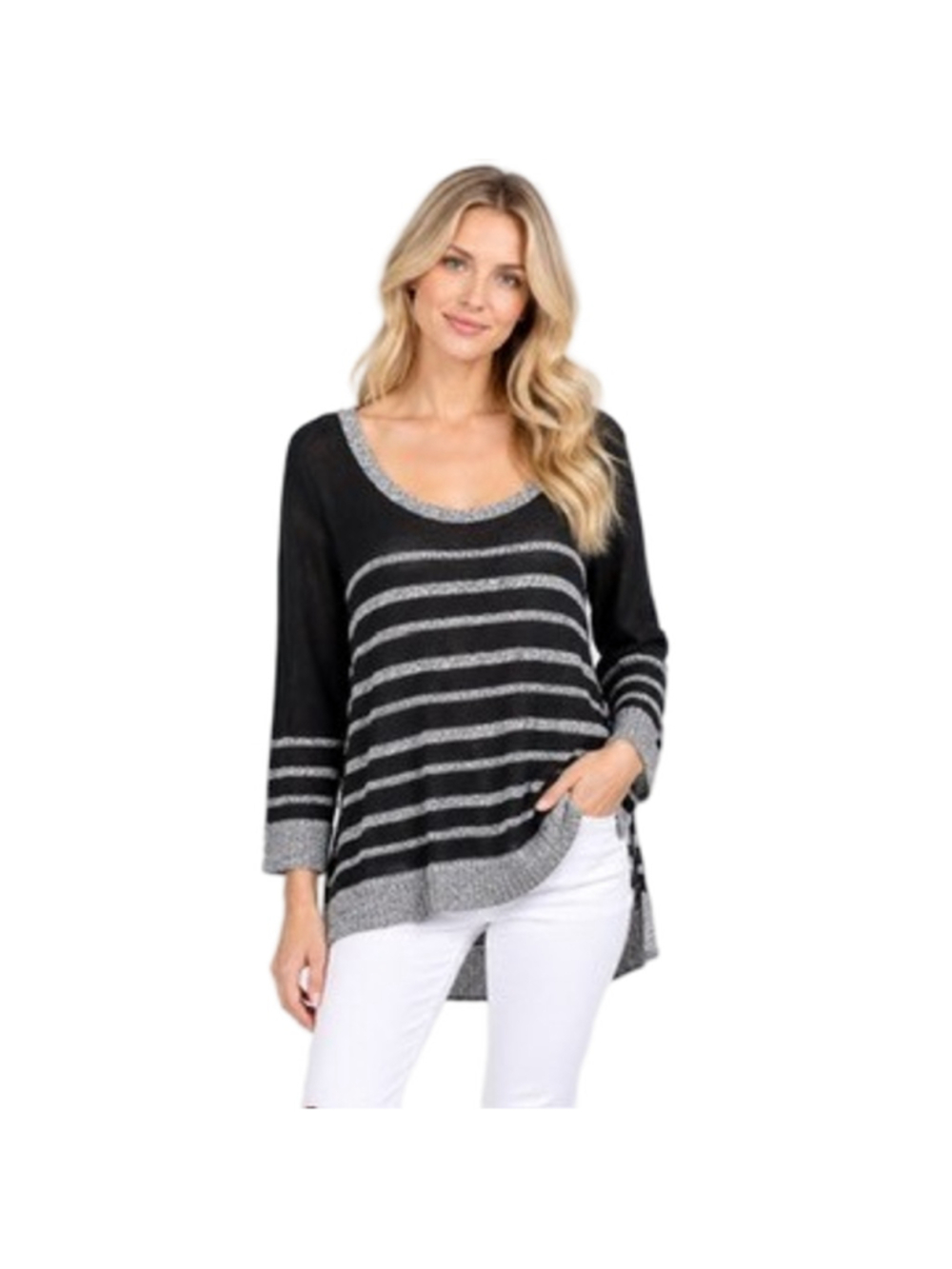 Rag & Bone Azra Sweater Womens L Black Gray Marled Stripe Cotton Knit Hi-Low Hem